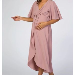 Mauve Open Sleeve Maternity Wrap Midi Dress